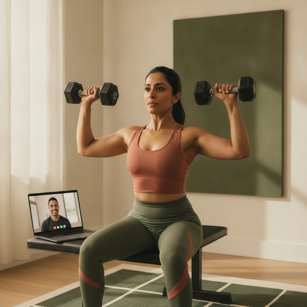 A client training at home while her coach watches the session on a video call.