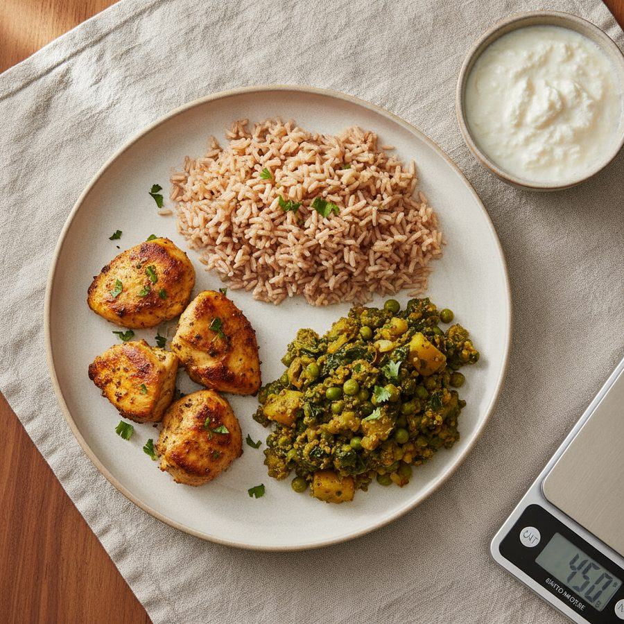 A portioned Indian meal of grilled chicken, brown rice, sabzi and curd beside a kitchen scale.